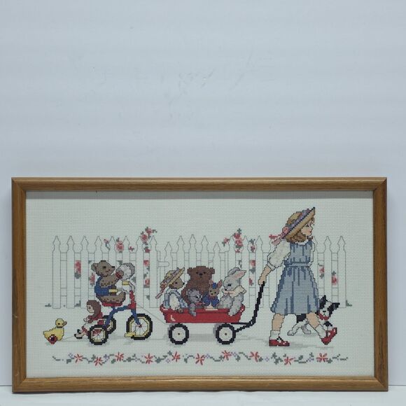 Vintage Other - Vintage Framed Handmade Cross Stitch Embroidery 17"x10" Girl With Toys In Cart